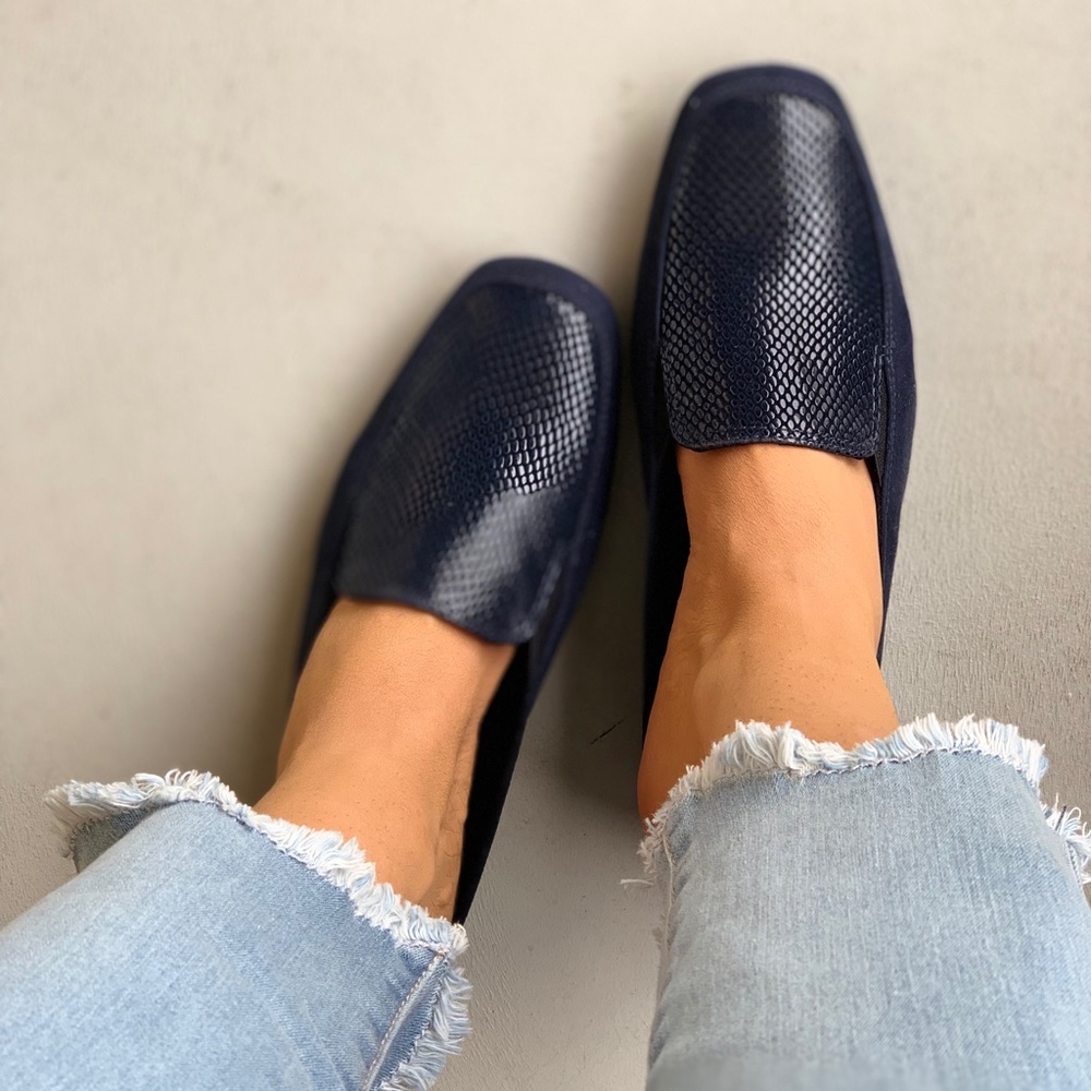Midnight Navy Snake Print Square Toe Slip On Mule - Picture 4 of 6